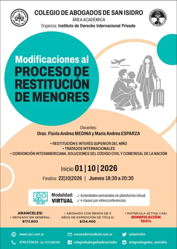 Curso Modificaciones al Proceso de Restitución de Menores, Colegio de Abogados de San Isidro, docentes Dras. Flavia Andrea Medina y María Andrea Esparza, del 1 al 22 de octubre de 2026, modalidad virtual.