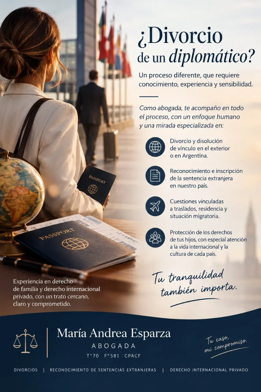 ¿Divorcio de un diplomático? Divorcio en el exterior o en Argentina, reconocimiento de la sentencia extranjera, traslados y situación migratoria, y protección de los hijos.