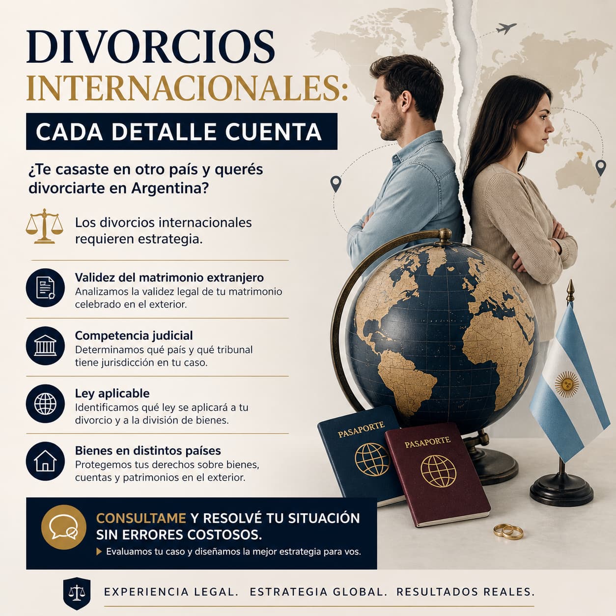 Divorcios internacionales: matrimonios celebrados en el exterior, competencia, ley aplicable y bienes en distintos países.